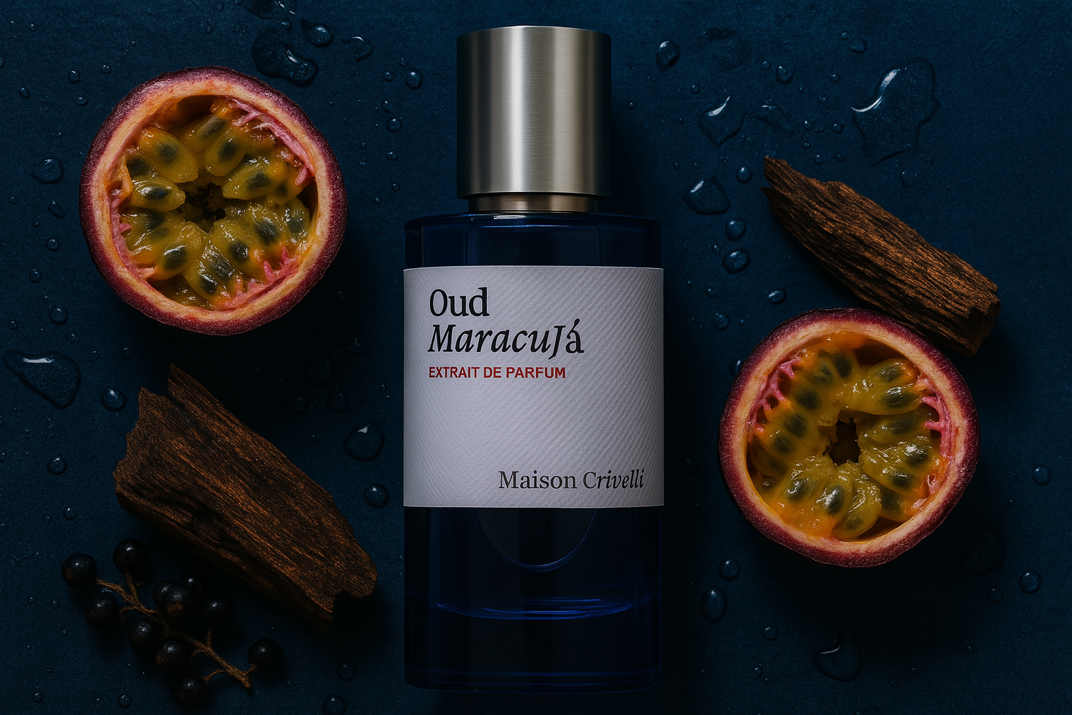 A bottle of Maison Crivelli Oud Maracuja Extrait de Parfum placed between passion fruit halves and oud wood on a dark, moody background.