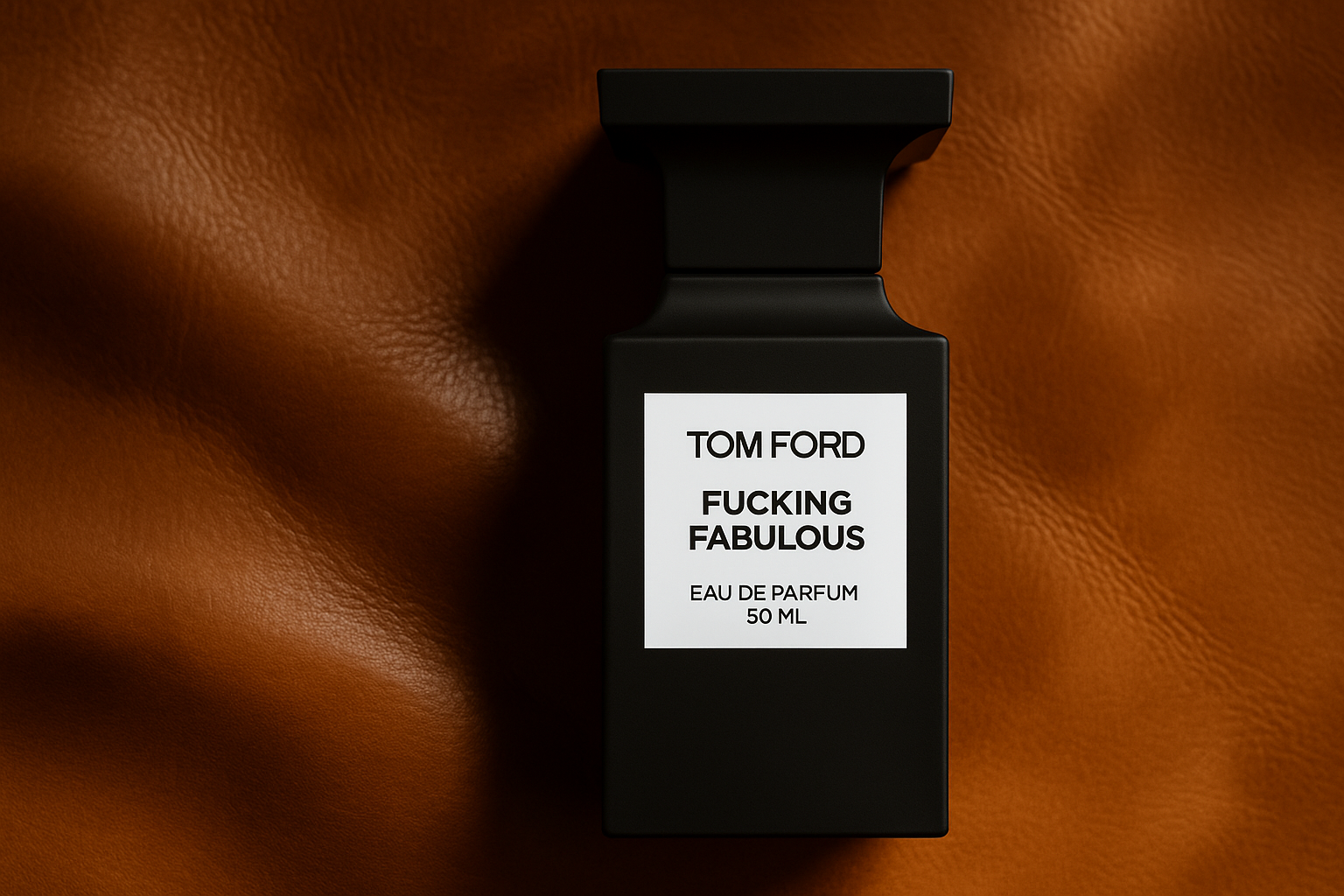 Tom Ford Fucking Fabulous perfume bottle with matte black finish and white label, placed on a bright brown leather background.