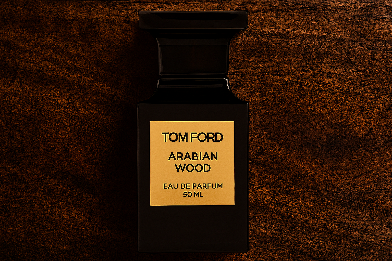 Tom Ford Arabian Wood perfume bottle with dark glass and gold label, placed on a rich, textured wooden background.