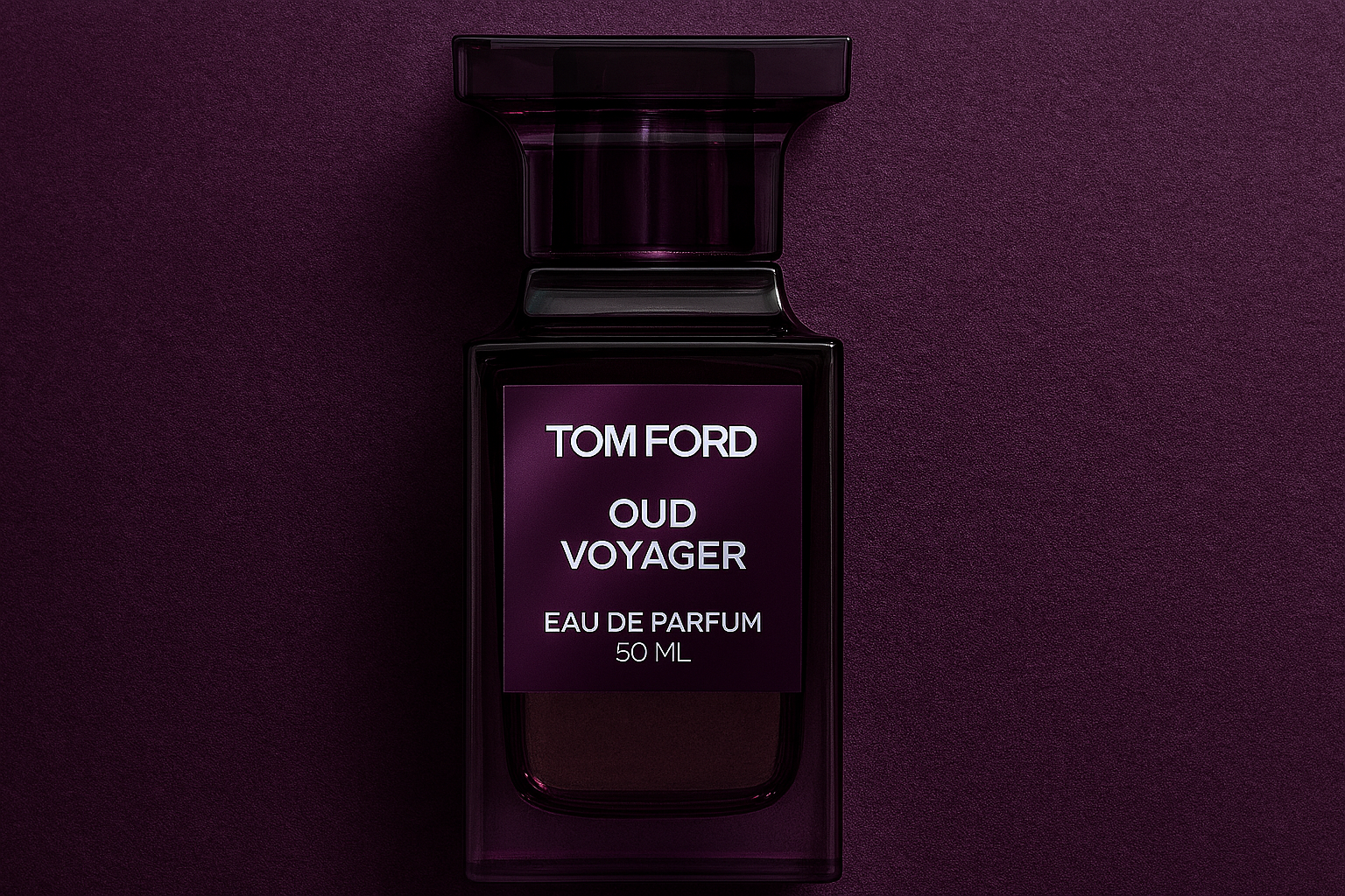 Tom Ford Oud Voyager perfume bottle in translucent deep purple glass, set against a matching purple textured background.