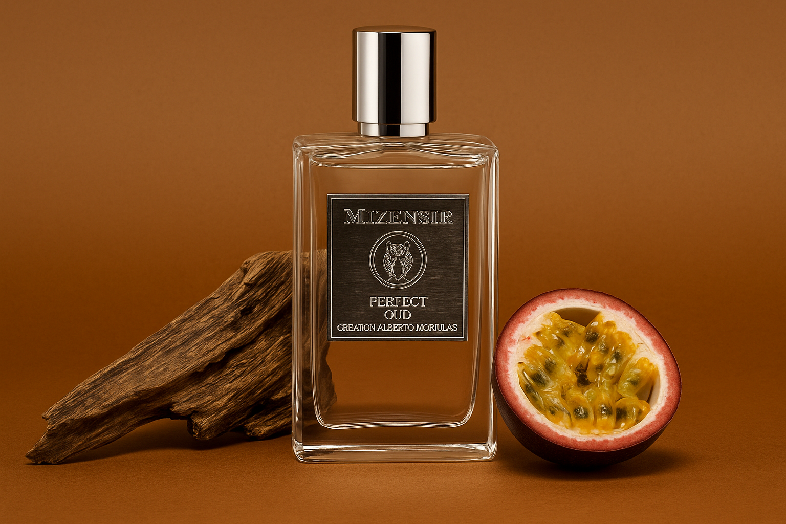  Mizensir Perfect Oud perfume bottle with silver cap and clearly visible label, placed alongside oud wood and a halved passionfruit on a warm brown background.