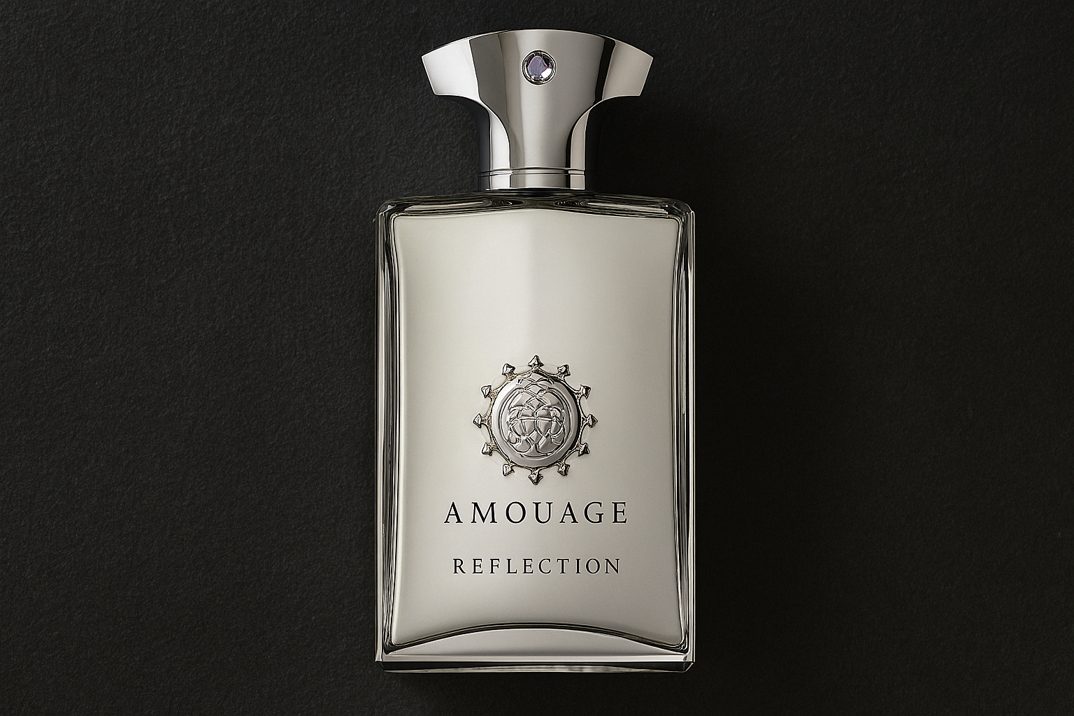 Amouage Reflection Man perfume bottle with silver cap and gem detail, set against a deep charcoal textured background.