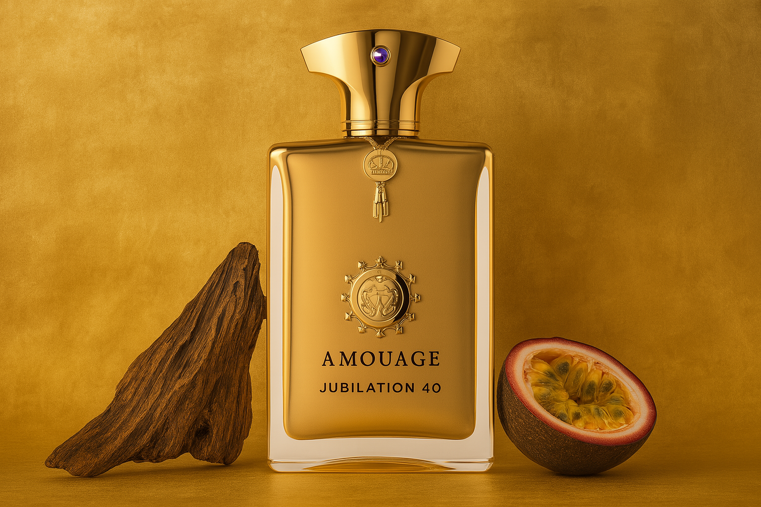 Amouage Jubilation 40 perfume bottle with gold finish and blue gemstone cap, surrounded by oud wood and a halved passionfruit on a golden background.