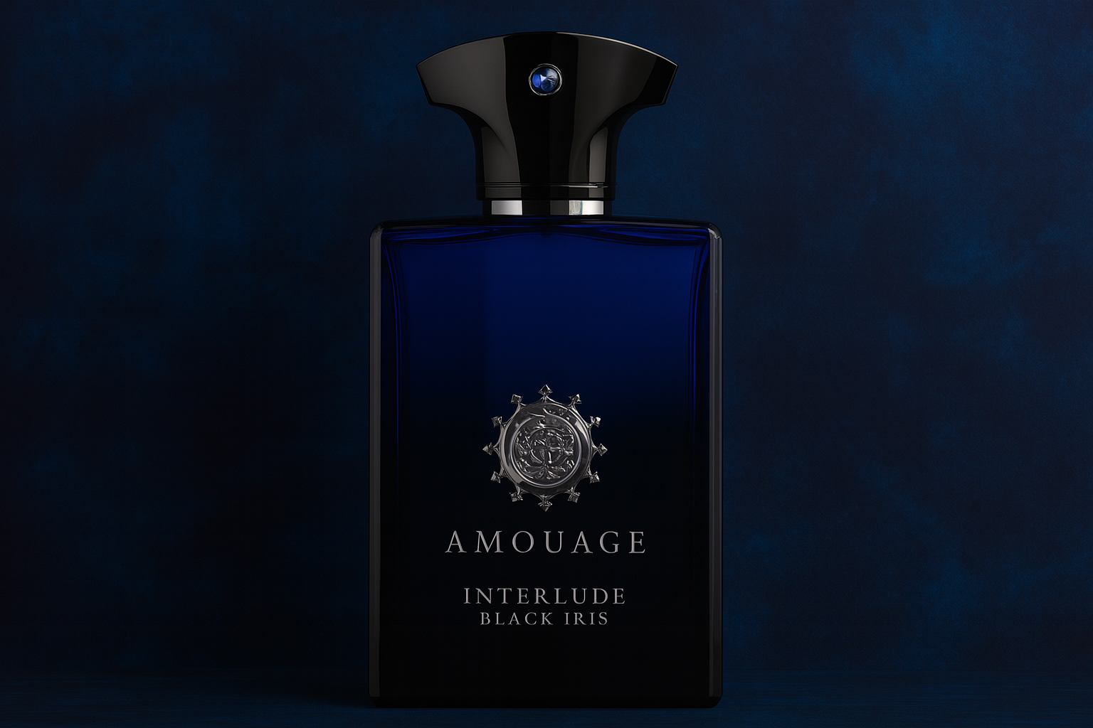 Amouage Interlude Black Iris perfume bottle with deep blue-to-black gradient, set against a textured blue background.