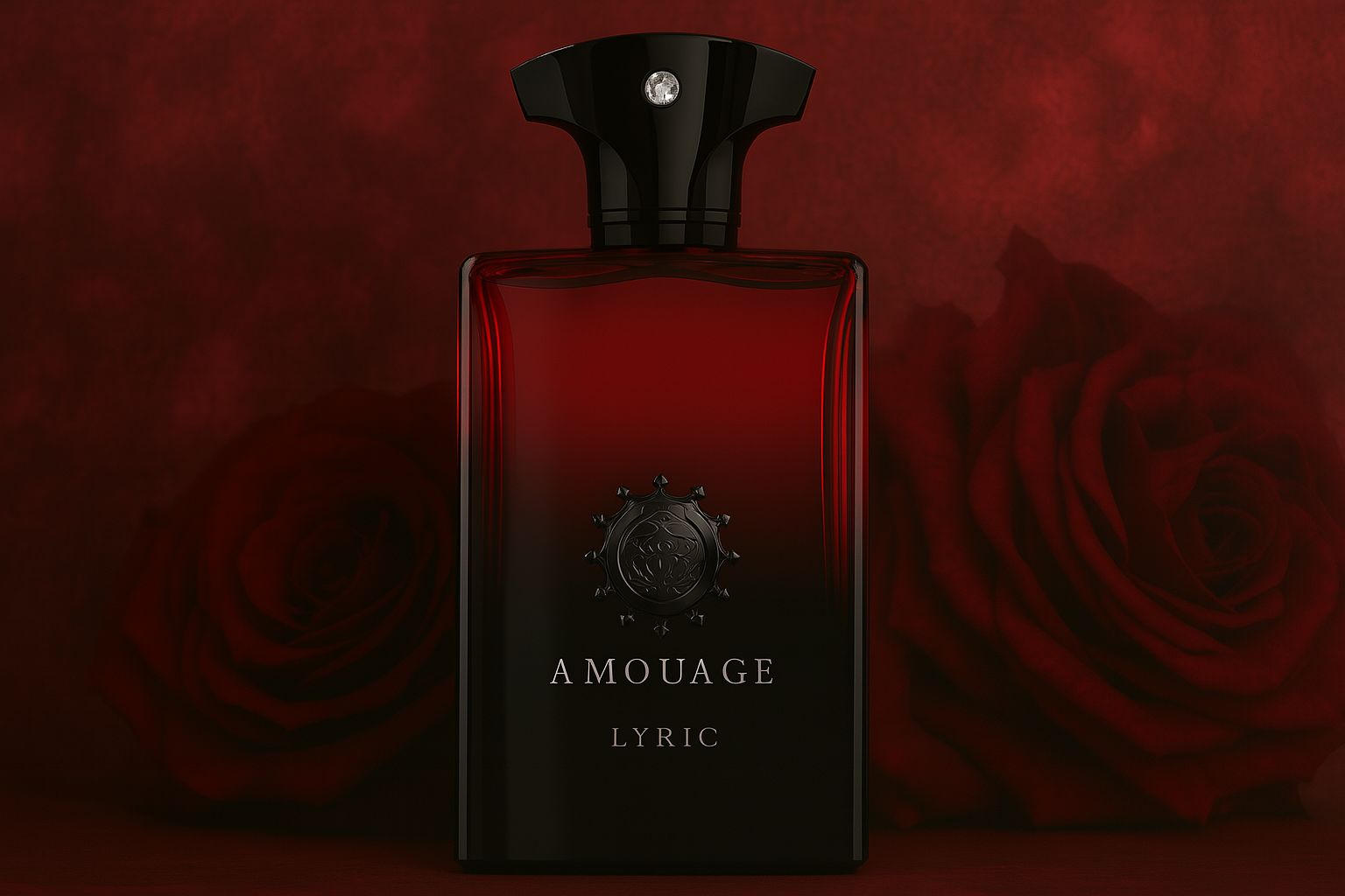 Amouage Lyric Man perfume bottle with deep red-to-black gradient, set against a red background with dark roses.