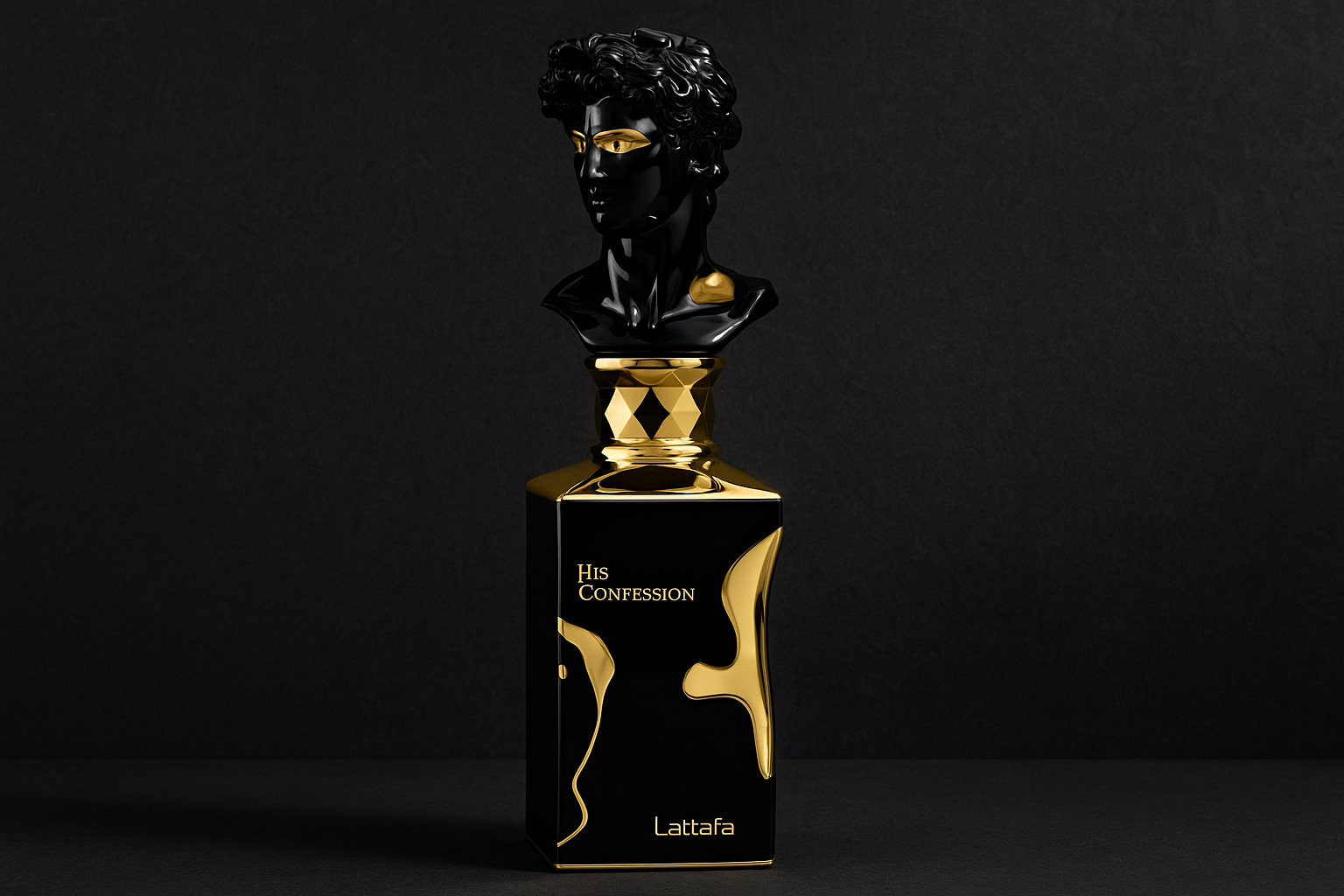 Lattafa His Confession perfume bottle with full sculpted black bust cap and gold detailing, set against a dark textured background.