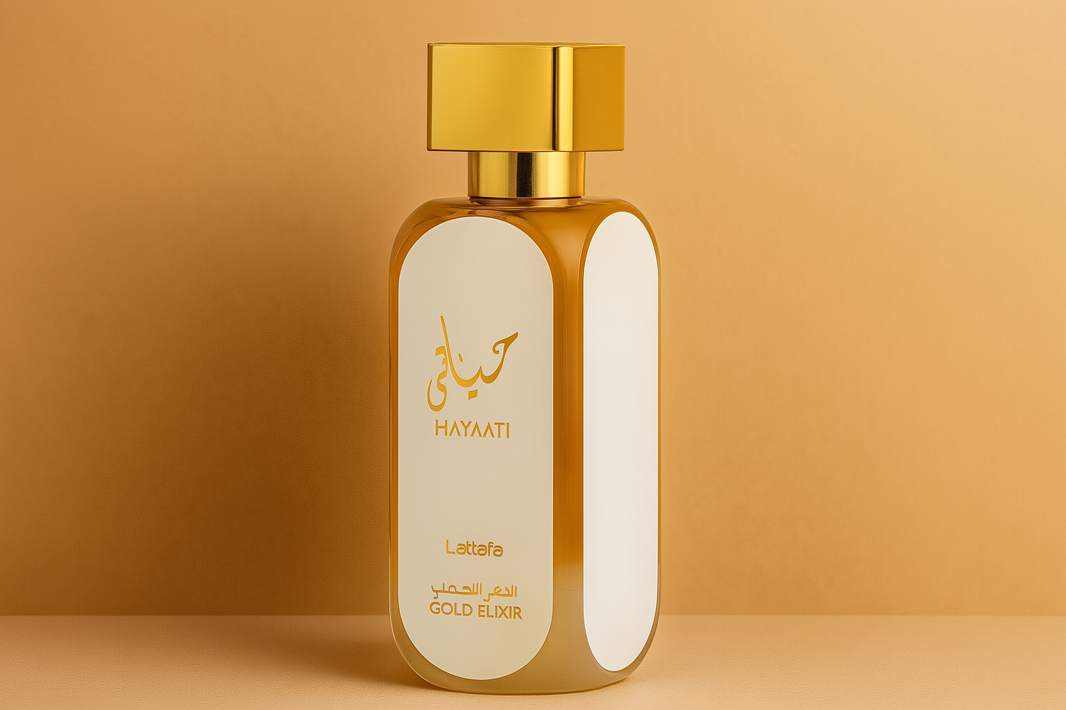Lattafa Hayaati Gold Elixir perfume bottle with white and gold design, set against a warm beige gradient background.