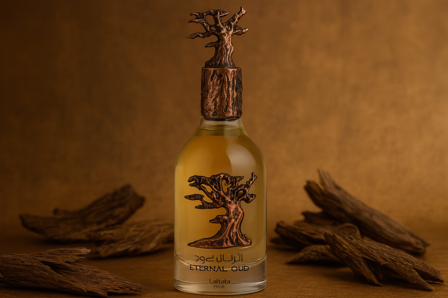A realistic image of Lattafa Eternal Oud perfume bottle with bronze tree cap and emblem, surrounded by oud wood pieces on a warm amber-toned background.