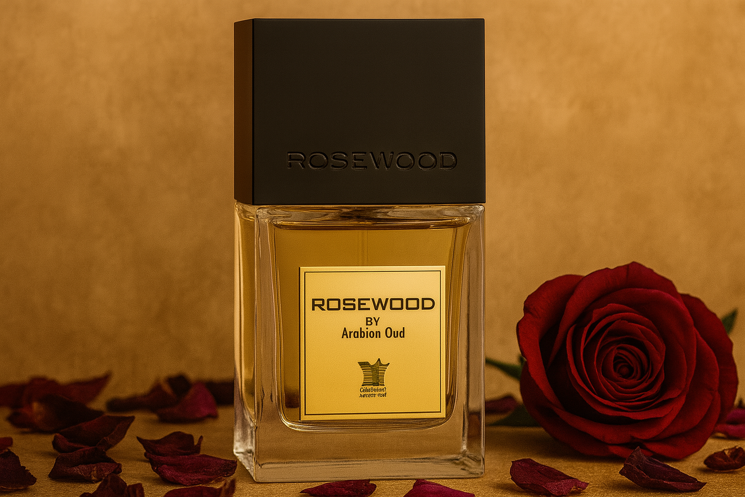  A realistic image of Rosewood by Arabian Oud perfume bottle with black cap, golden liquid, and rose petals around it, set on a warm beige background.