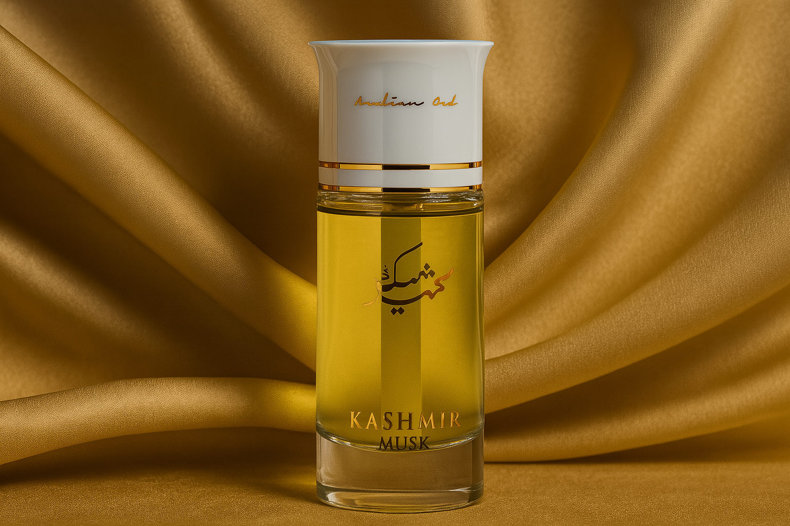 A realistic image of Kashmir Musk by Arabian Oud perfume bottle with white cap, pale yellow liquid, and gold accents, set against soft golden fabric.