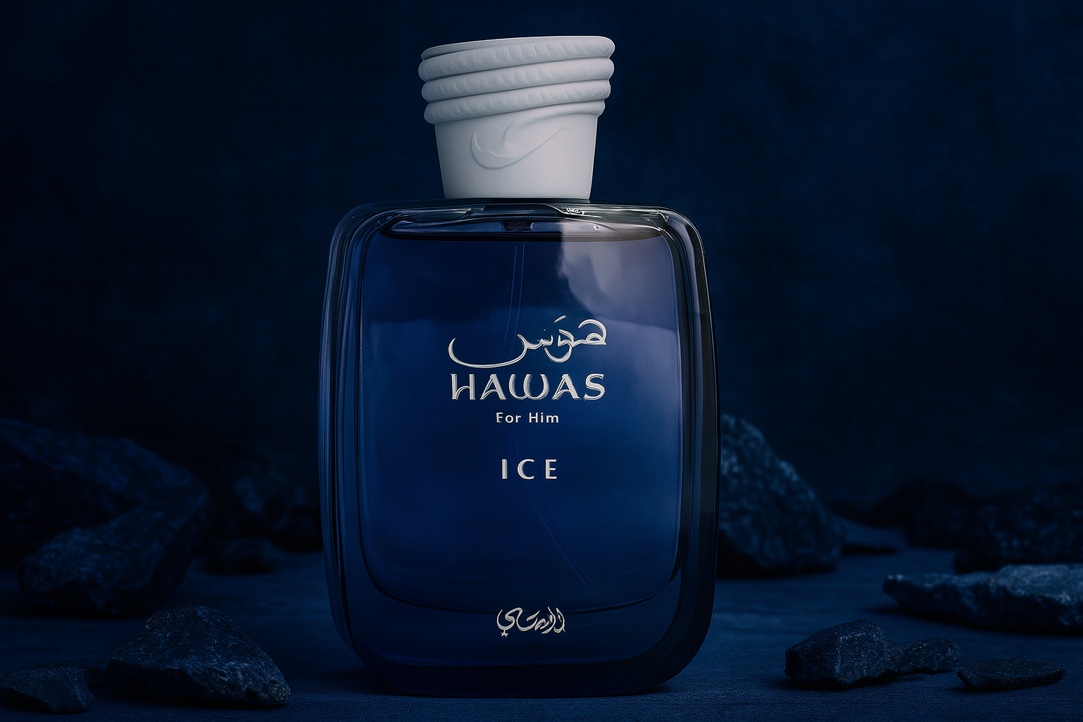 A realistic image of Hawas Ice for Him by Rasasi perfume bottle with gradient blue glass and white rope-style cap, set on a frosty blue-toned background.
