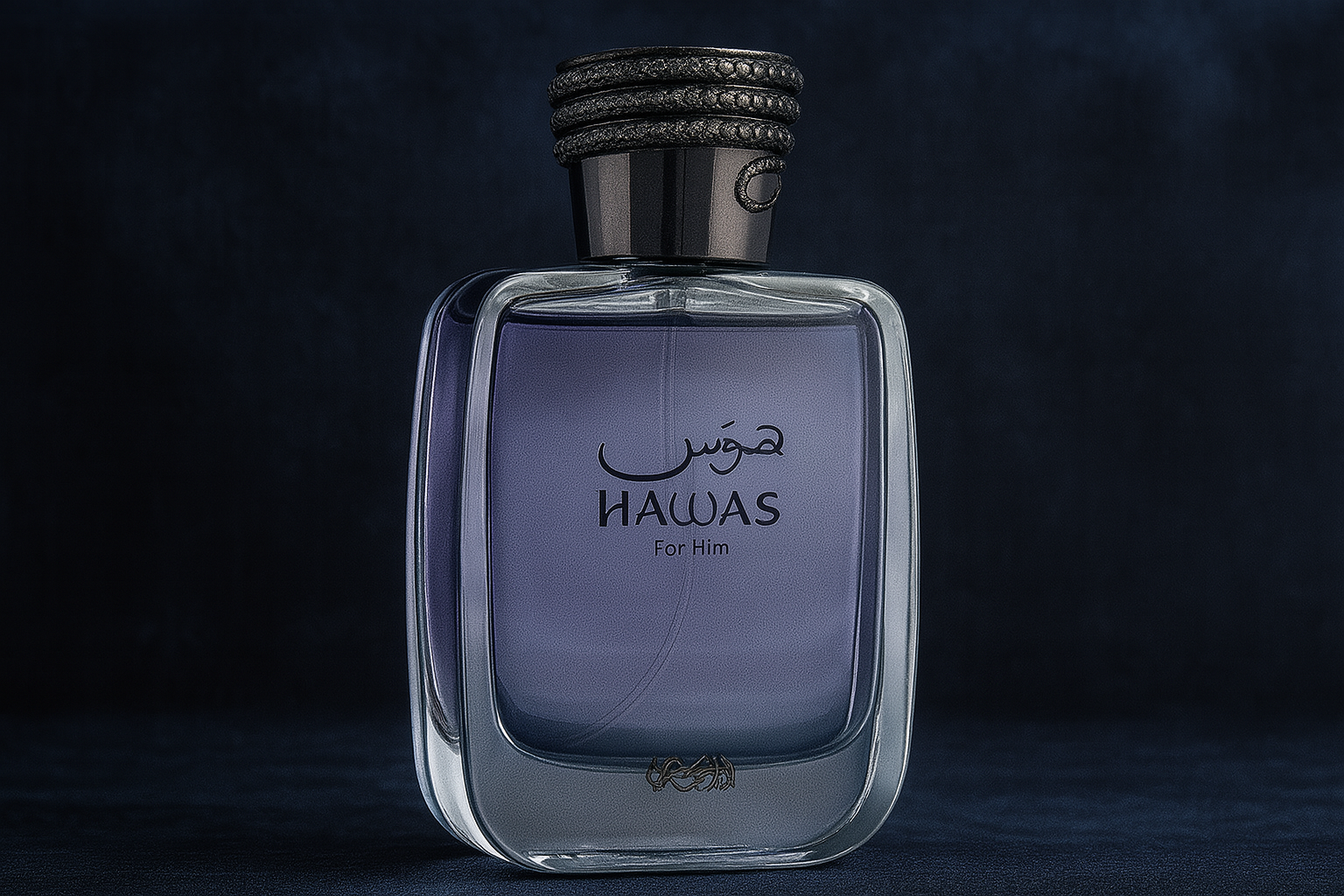 A realistic image of Hawas for Him by Rasasi perfume bottle with light blue glass and silver rope-style cap, set against a dark blue textured background.