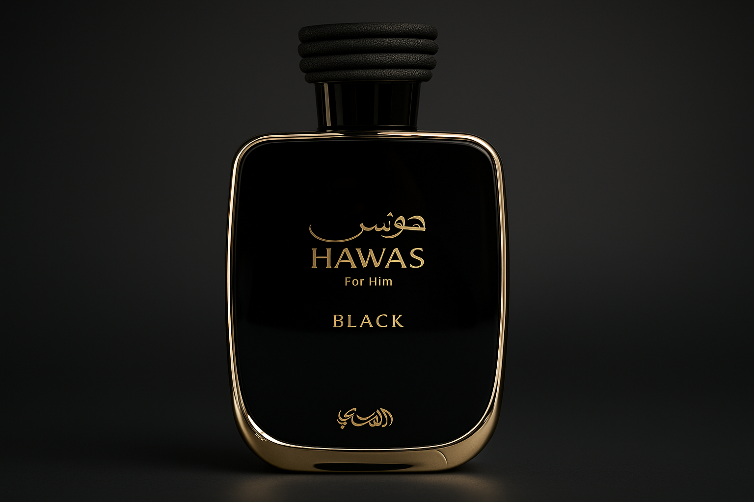 A bright, realistic widescreen image of Rasasi Hawas Black for Him perfume bottle with glossy black glass, gold lettering, and black rope-style cap, set against a dark gradient background.