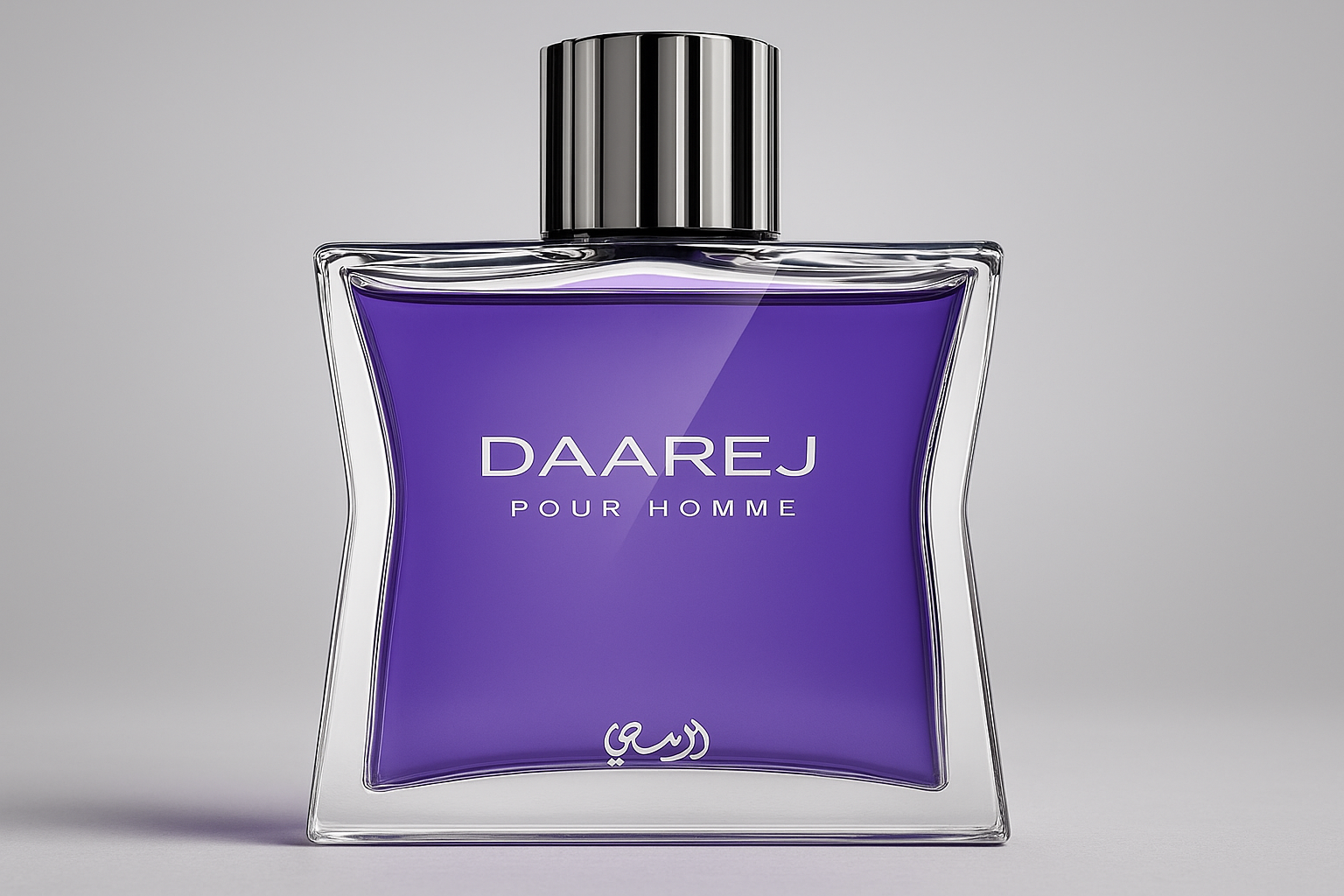 A realistic widescreen image of Rasasi Daarej Pour Homme perfume bottle with purple liquid, reflective silver cap, and clearly legible silver text, set against a light grey gradient background.