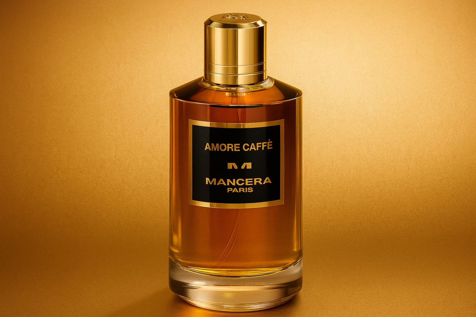 A realistic widescreen image of Mancera Amore Caffè Eau de Parfum bottle with rich amber liquid, gold cap, and black label with gold text, set against a warm amber gradient background.