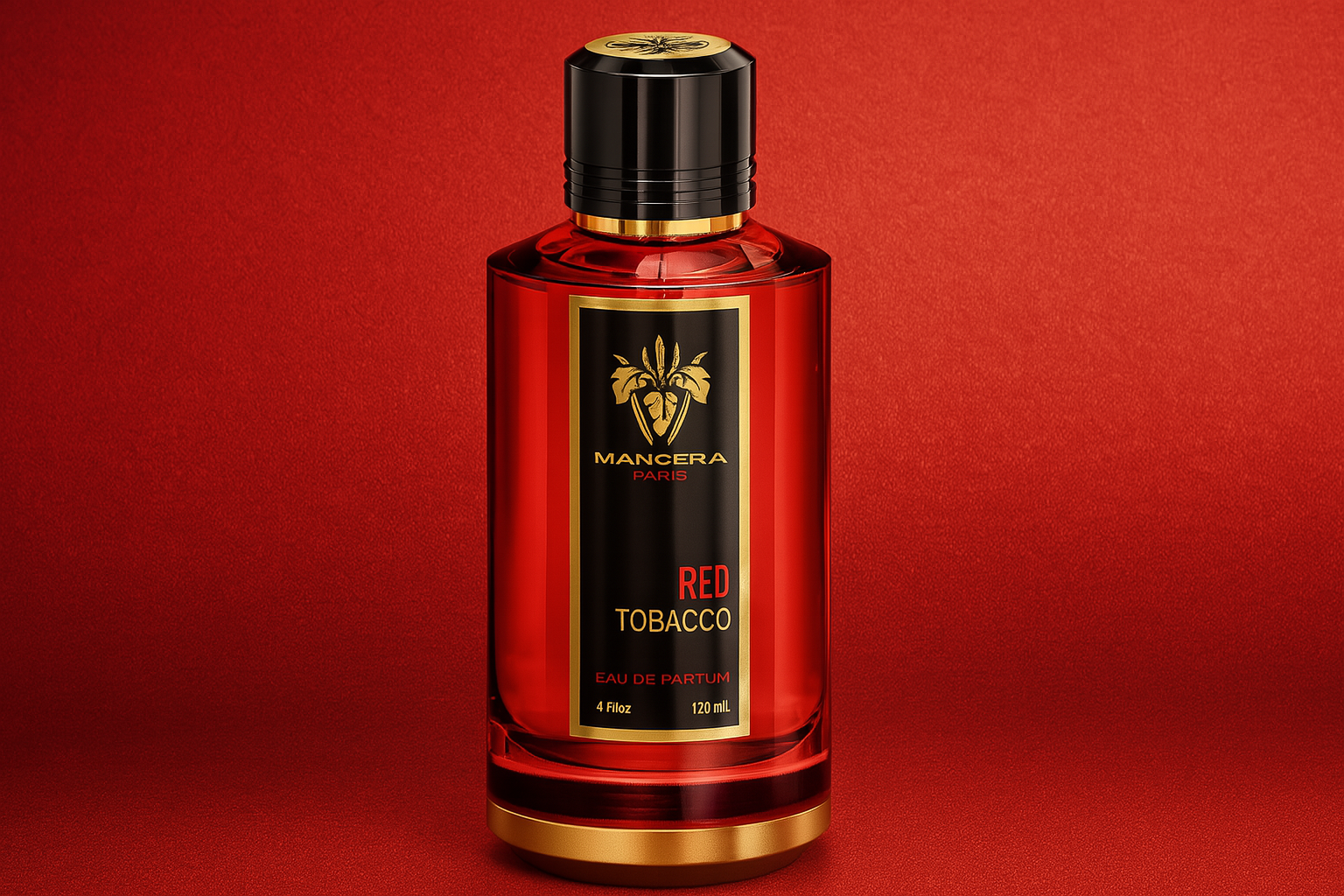 A realistic widescreen image of Mancera Red Tobacco Eau de Parfum bottle with deep red liquid, gold and black cap, and black label with gold and red text, set against a textured red gradient background.