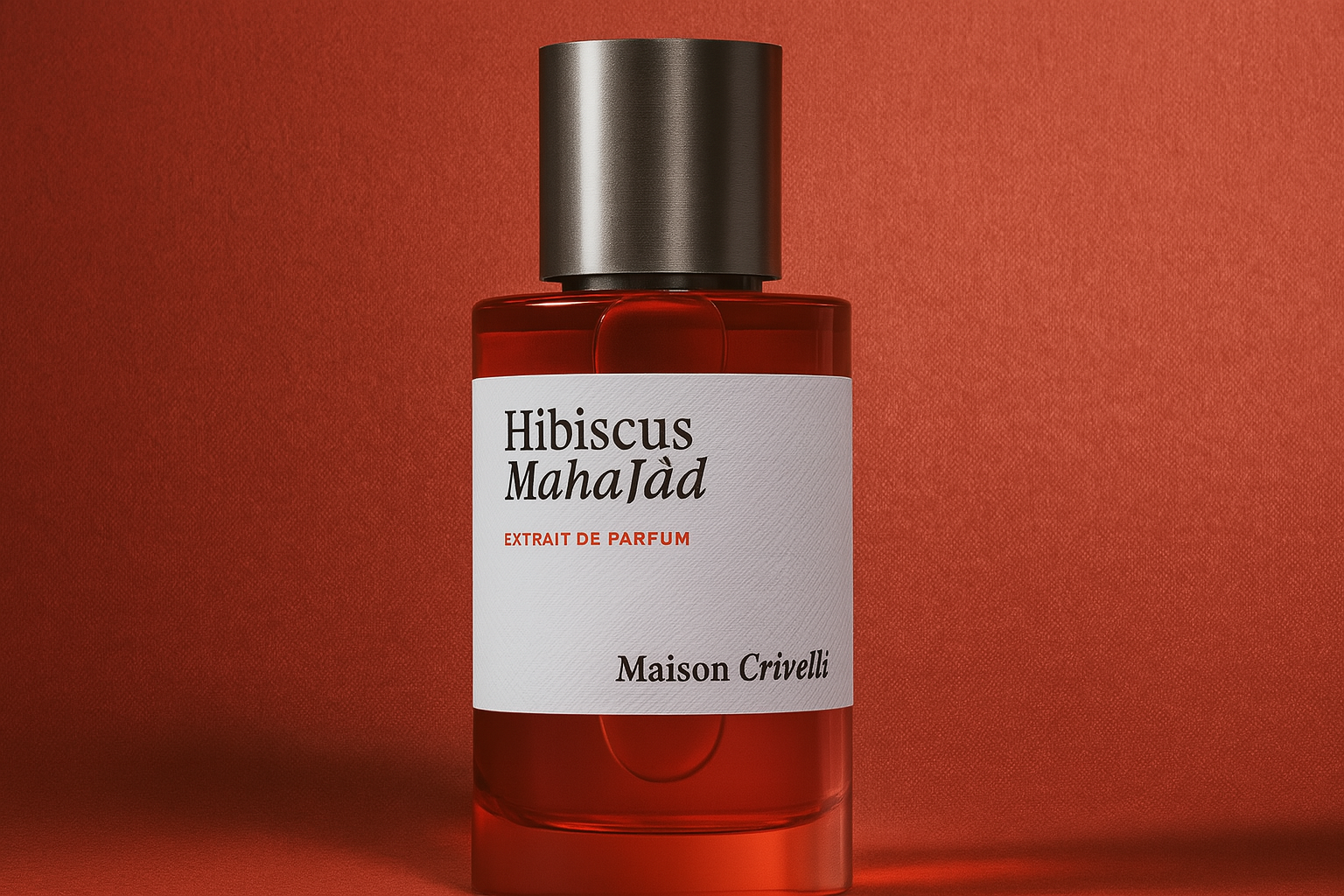  A realistic widescreen image of Maison Crivelli Hibiscus Mahajád Extrait de Parfum bottle with deep red liquid, silver cap, and white label, set against a soft textured red background.