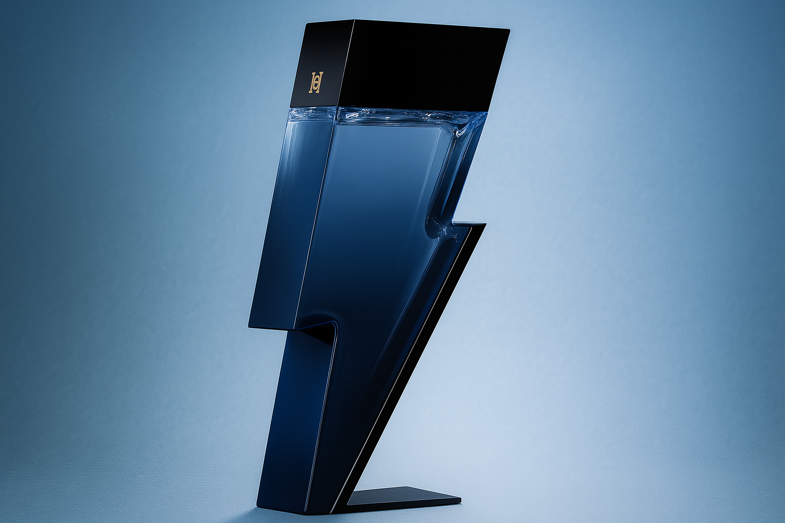 A realistic widescreen image of Carolina Herrera Bad Boy Cobalt Parfum Electrique bottle shaped like a cobalt blue lightning bolt with a black top, set against a soft blue gradient background.