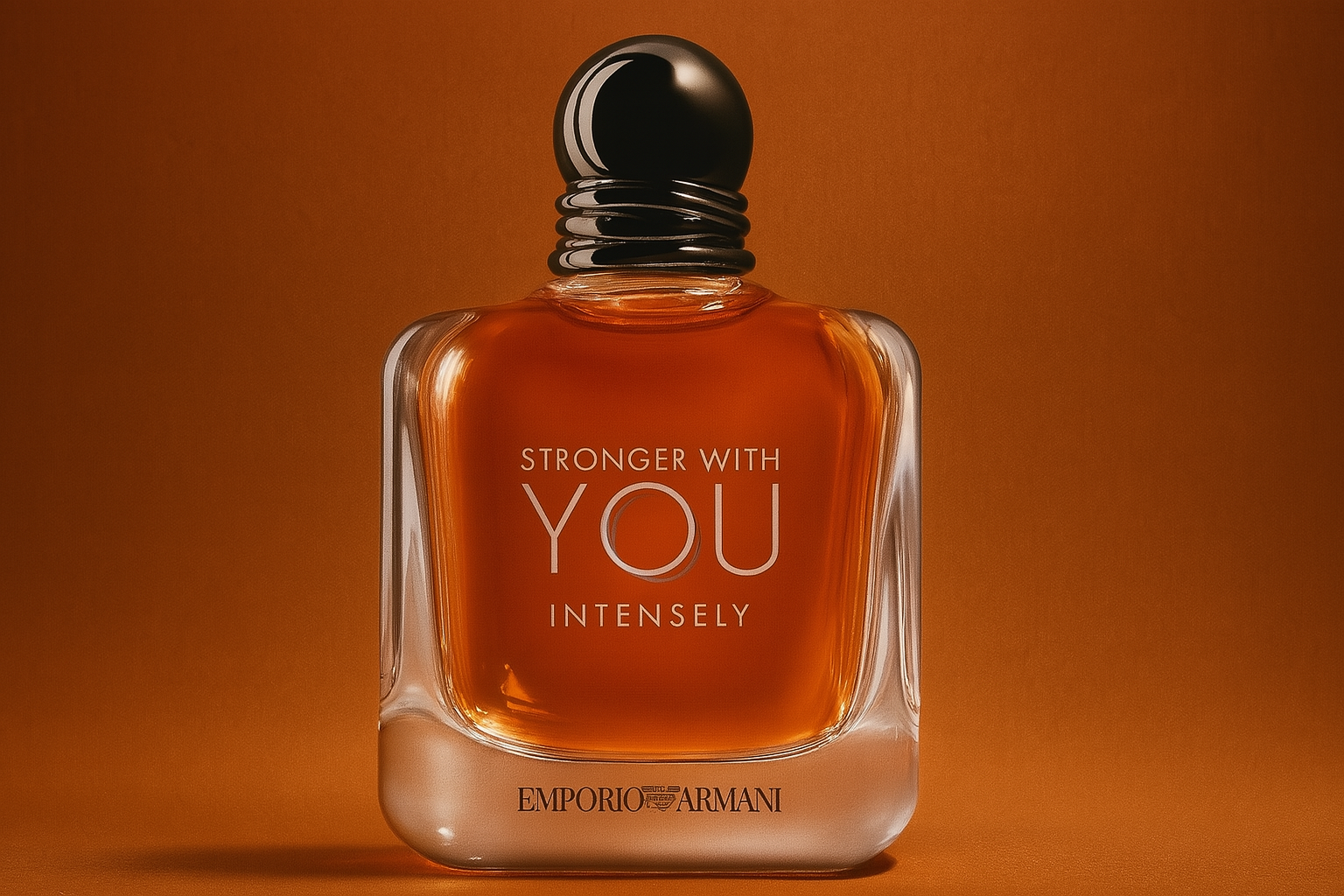 A realistic widescreen image of Emporio Armani Stronger With You Intensely perfume bottle with deep amber liquid, rounded square glass design, and metallic spherical cap, set against a warm amber gradient background.