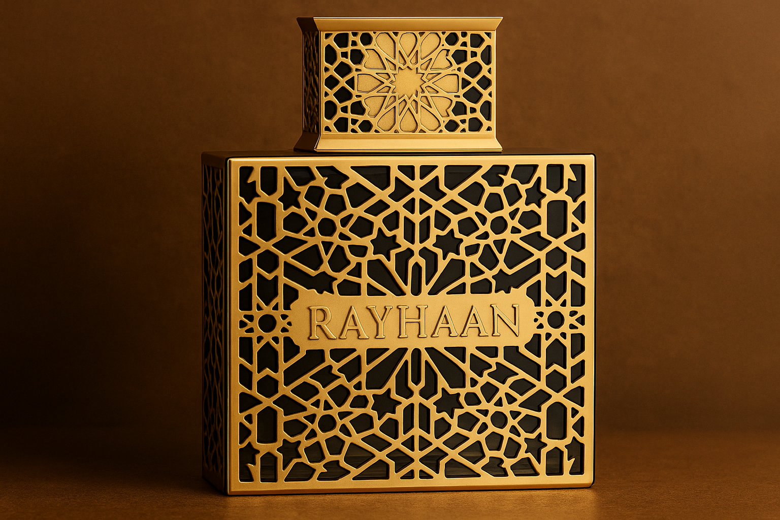 A realistic widescreen image of Rayhaan Elixir perfume bottle with intricate gold lattice over dark glass, featuring only the engraved “RAYHAAN” text, set against a warm brown background.