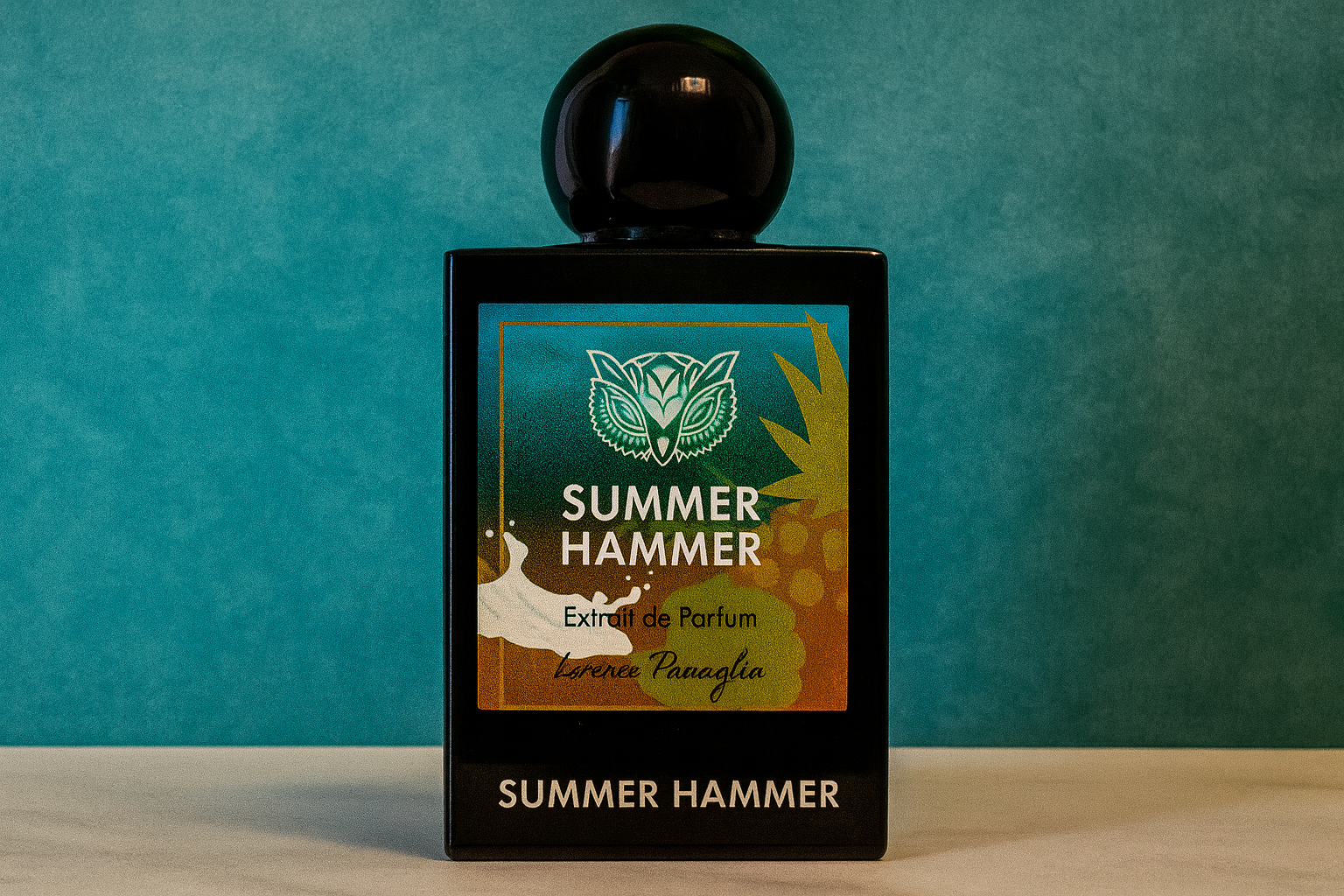 Summer hammer bottle against a blue background.