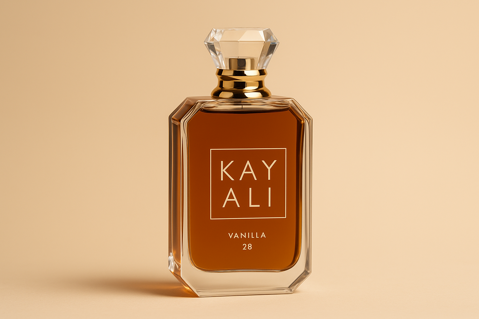 Kayali Vanilla 28 bottle against cream background
