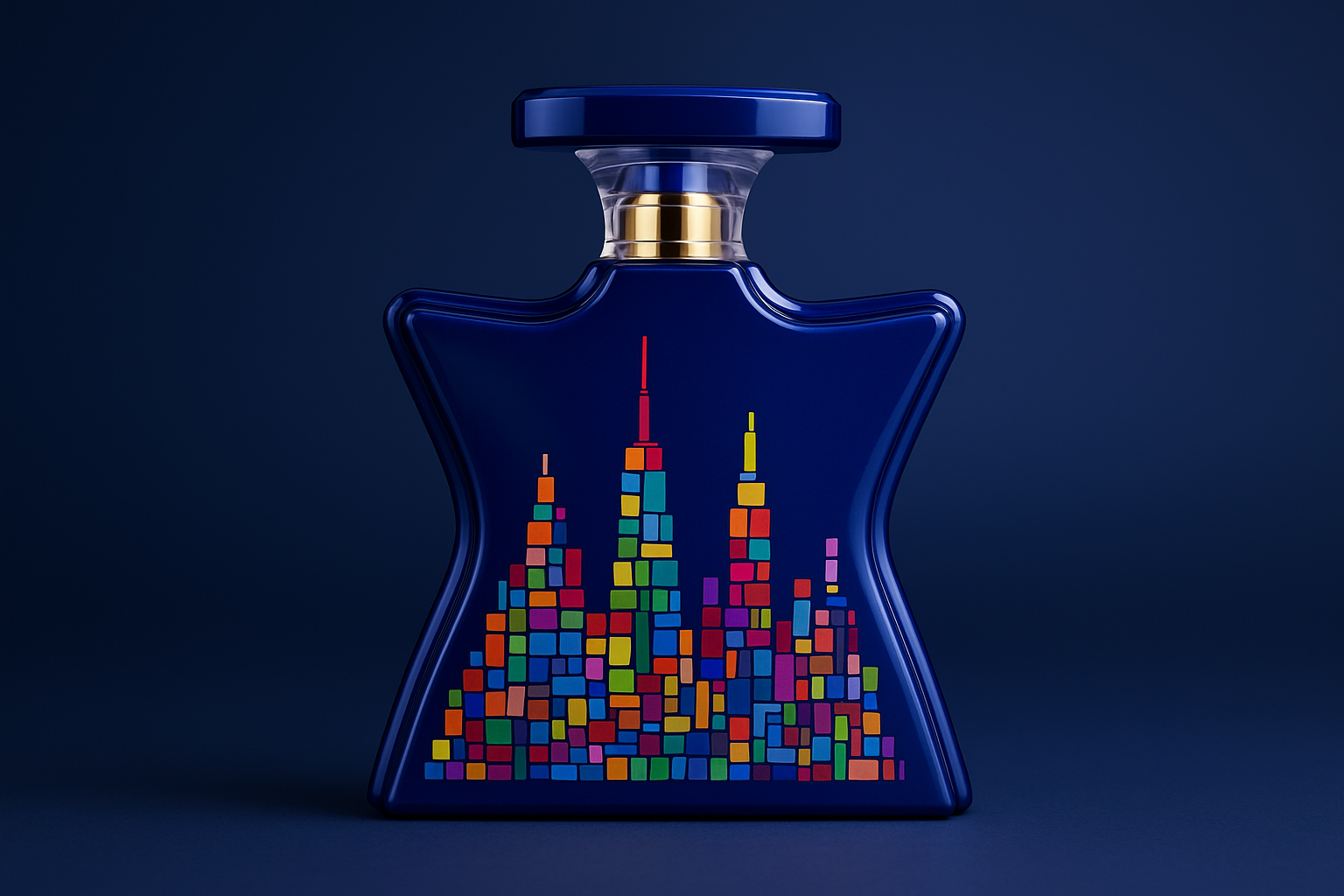 New York Nights bottle against a blue background.
