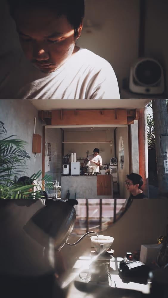 Collage of three images showing coffee preparation: a man focused in dim light, a small café counter with a barista, and steam rising from hot water poured over a coffee dripper.