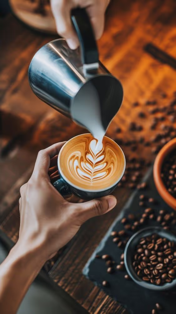 Hand holding a cup of latte while milk is being poured to create latte art in a heart and leaf pattern.