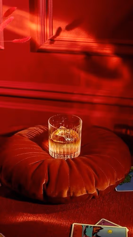 Glass of whiskey with ice resting on a red velvet cushion with a red wall background and tarot cards nearby.