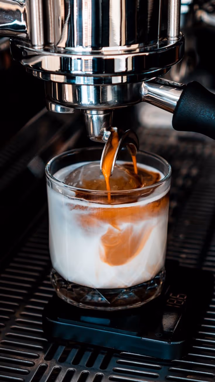 Espresso flowing from a coffee machine into a glass of milk, creating a swirled coffee drink.