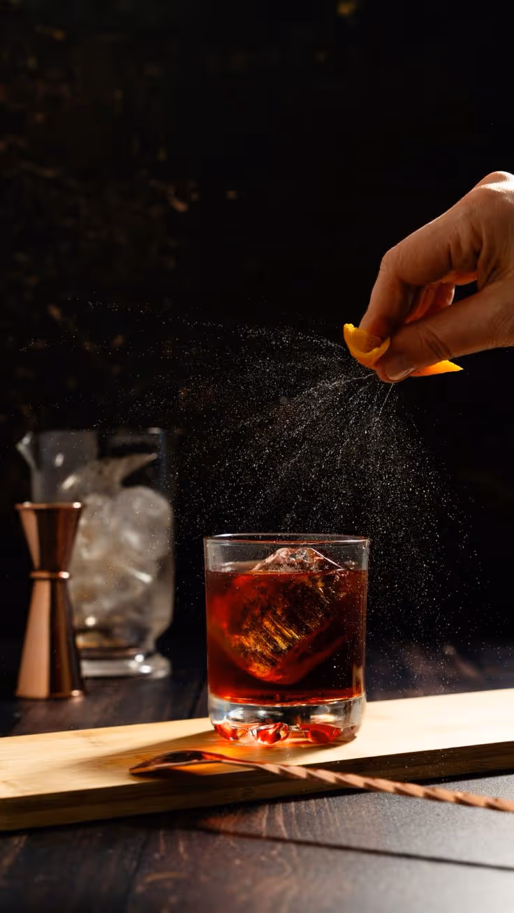 Hand zesting an orange peel over a glass of dark cocktail with ice on a wooden board.