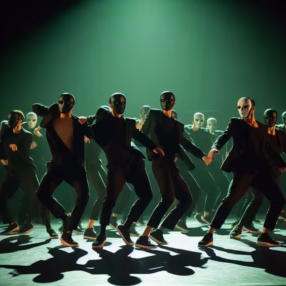 Group of dancers wearing black outfits and contrasting black and white masks performing under a green spotlight on stage.