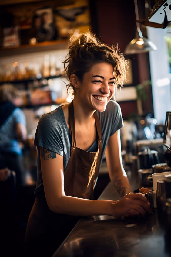 Smiling young woman wearing an apron standing behind a coffee shop counter.
