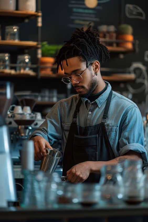 Barista with glasses and dreadlocks wearing a denim shirt and apron pouring milk in a coffee cup in a café.