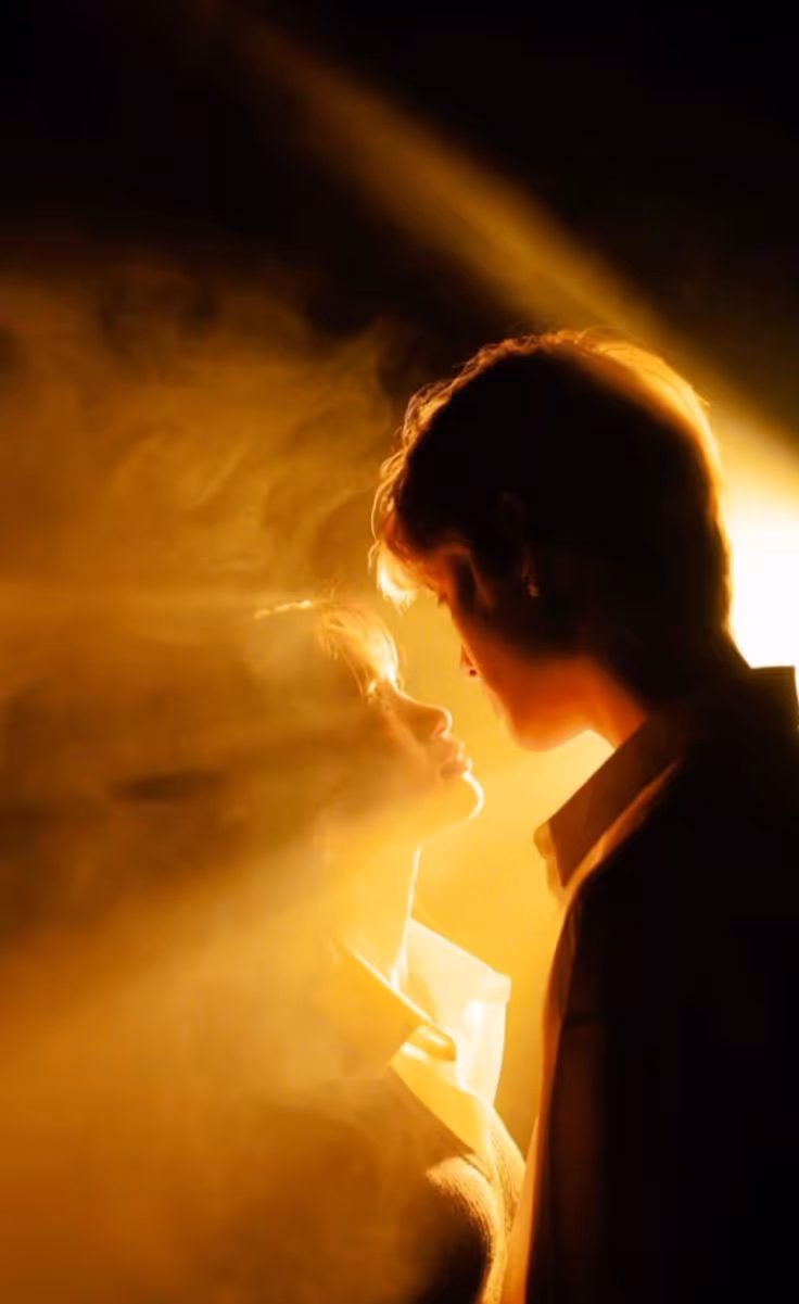 Silhouetted couple gazing at each other with warm golden light and mist surrounding them.