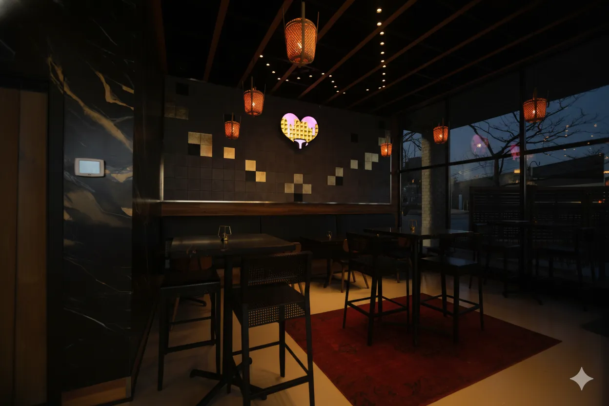 Dimly lit modern restaurant interior with hanging lamps, black tables and chairs, and a heart wall art.