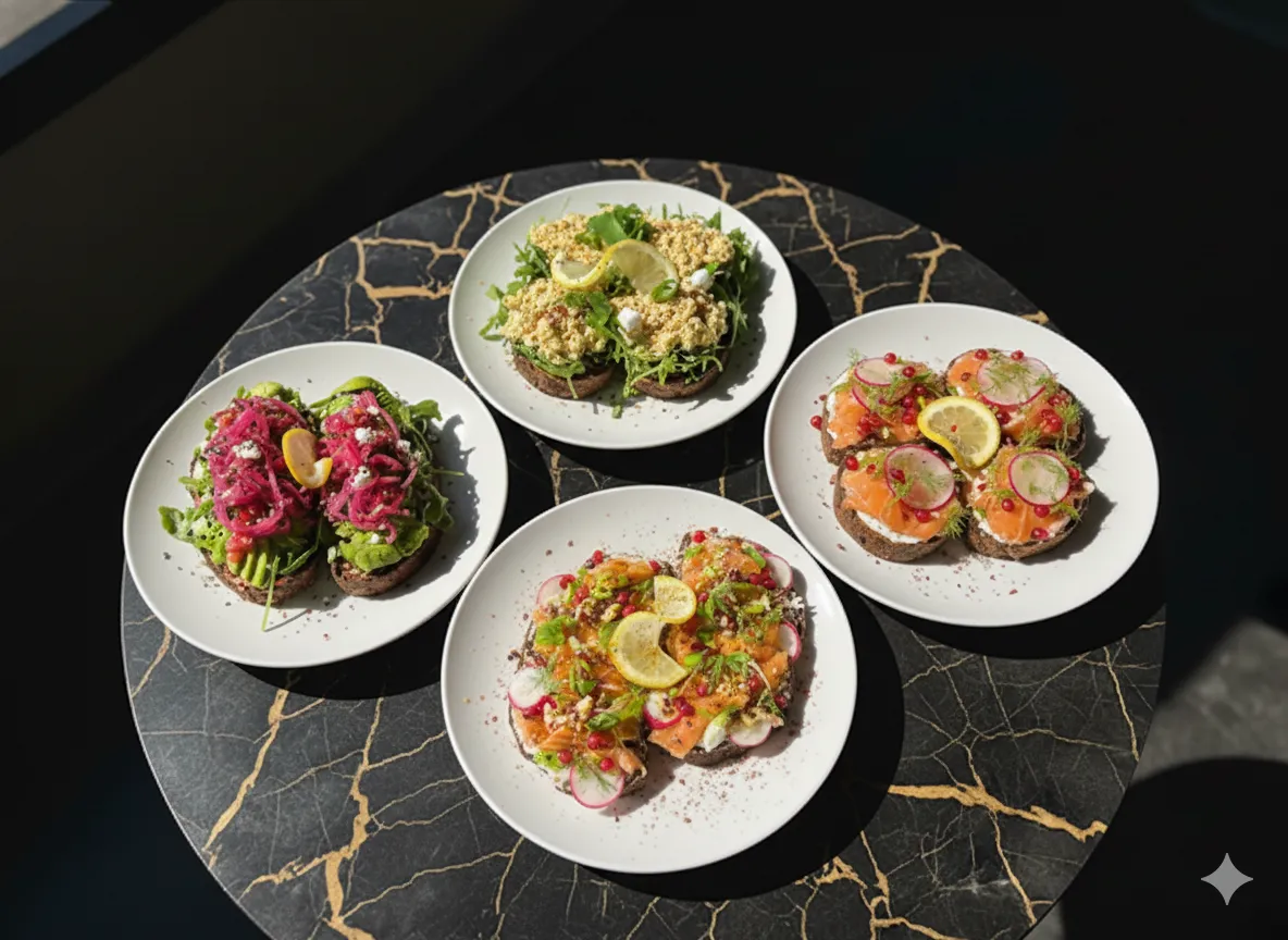 Four plates of open-faced sandwiches with various toppings on a black marble table