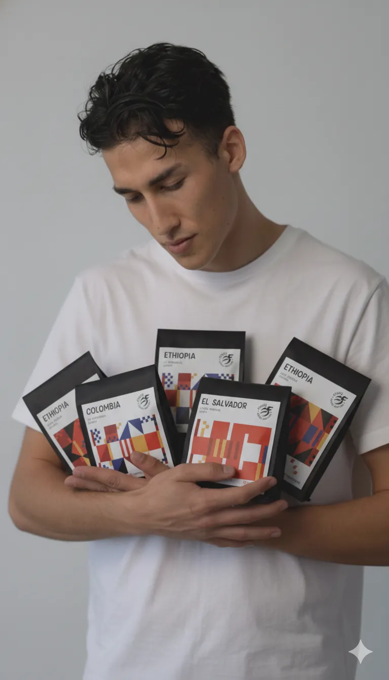 Young man in white shirt holding multiple coffee bags from Ethiopia, Colombia, and El Salvador.