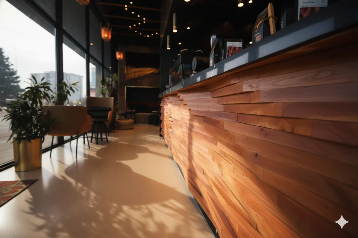 Interior of a modern cafe with a wooden counter, seating area, plants, and large windows.
