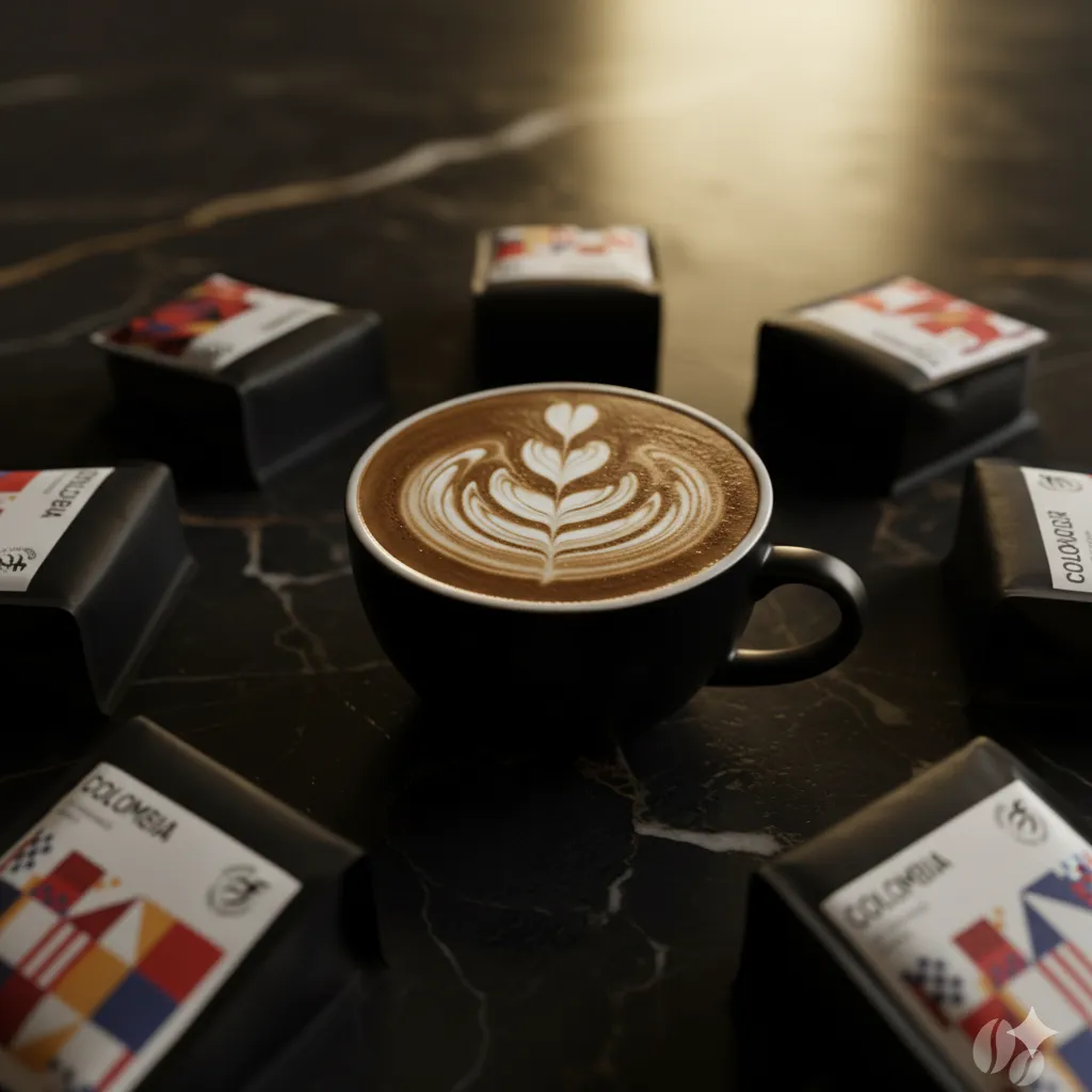 Latte art in a black cup surrounded by Colombian coffee bean packages on a dark marble surface.