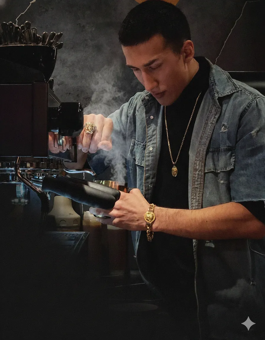 Barista steaming milk with an espresso machine, wearing a denim jacket and gold jewelry.