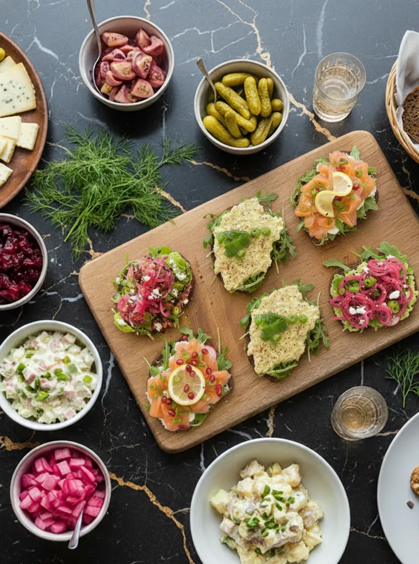 Open-faced sandwiches with salmon, pickled onions, and spreads on a wooden board with sides and dill on black marble.