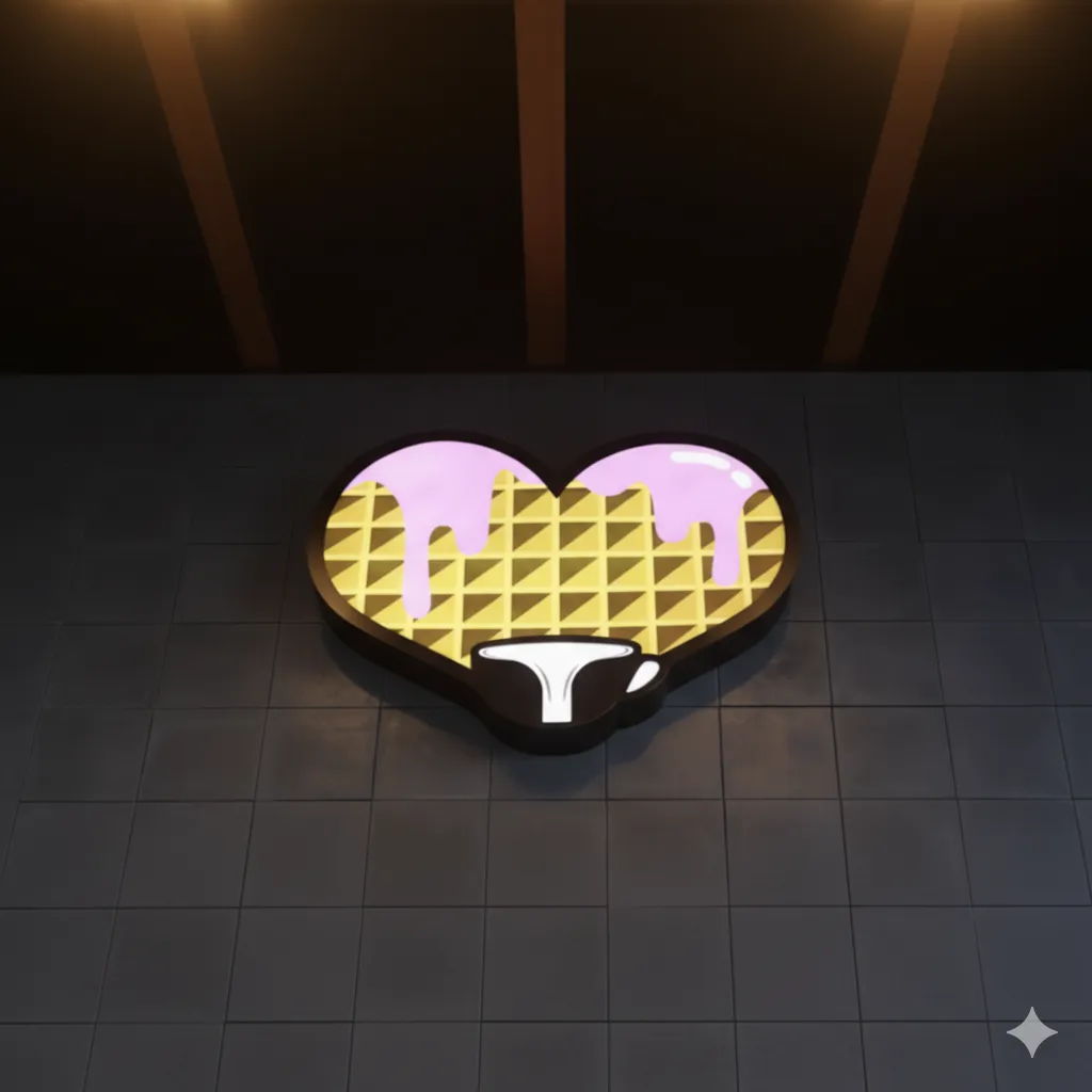 Heart-shaped waffle with pink frosting and white drizzle on a dark tiled wall.