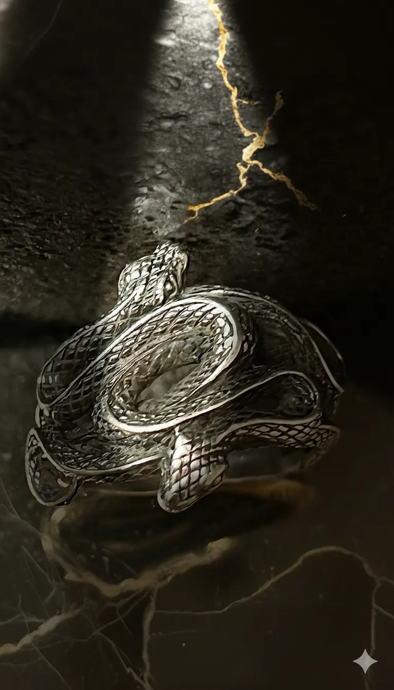 Coiled silver snake sculpture on dark surface with gold crack illuminated by overhead light.