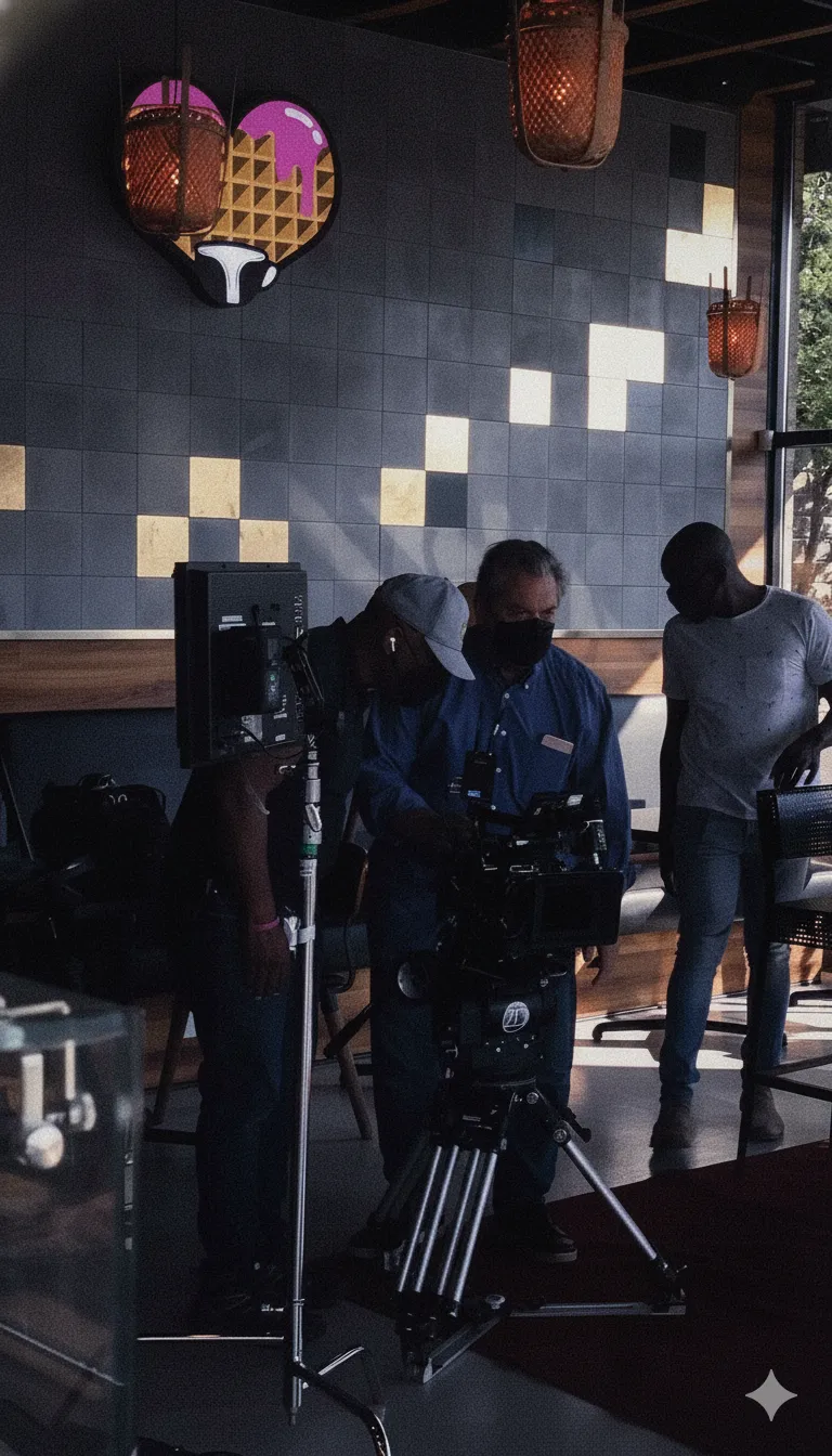 Three men adjusting a professional video camera setup in a room with tiled walls and hanging lights.
