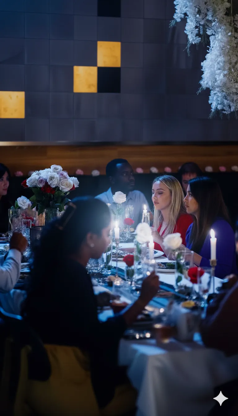 Group of people dining at a candlelit table with floral centerpieces in a dim restaurant.