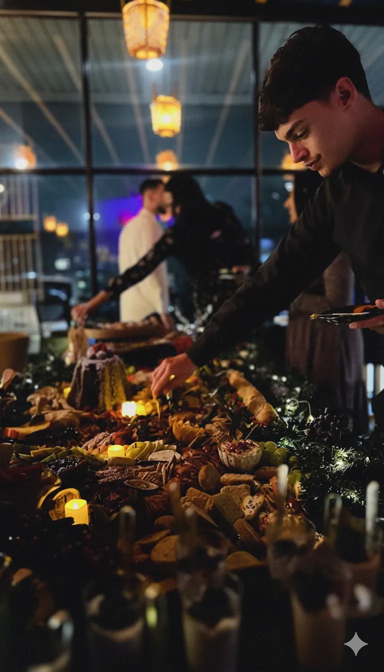 Young man in black serving himself from a festive charcuterie table with candles at a nighttime party.