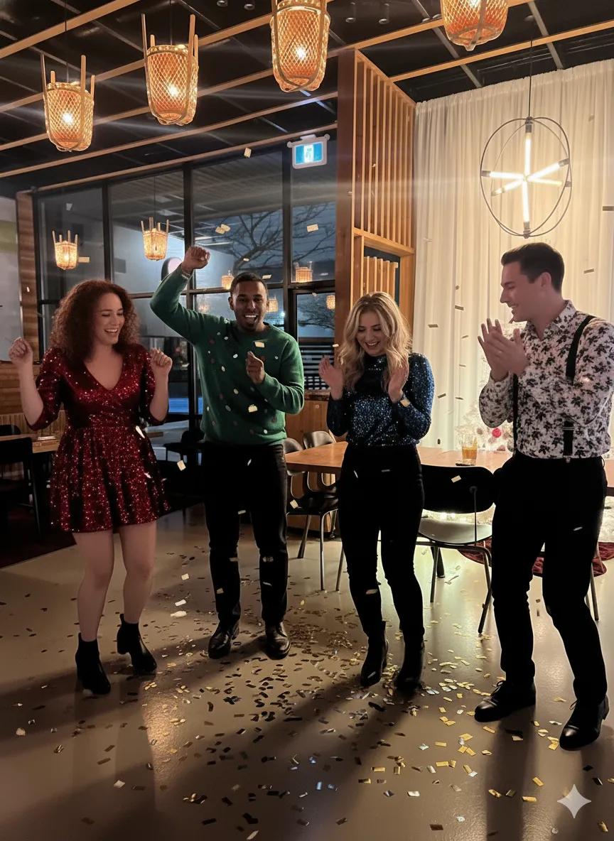 Four people dressed up, dancing and clapping with confetti falling around in a warmly lit room.