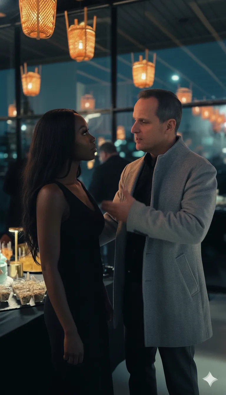 Man in gray coat talking to woman in black dress in a dimly lit room with hanging lights.